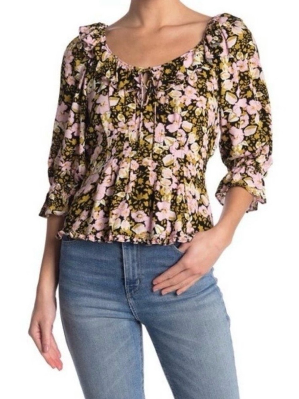 Free People Sweet Memories Floral Ruffle Neck Peasant Top Medium Cottagecore